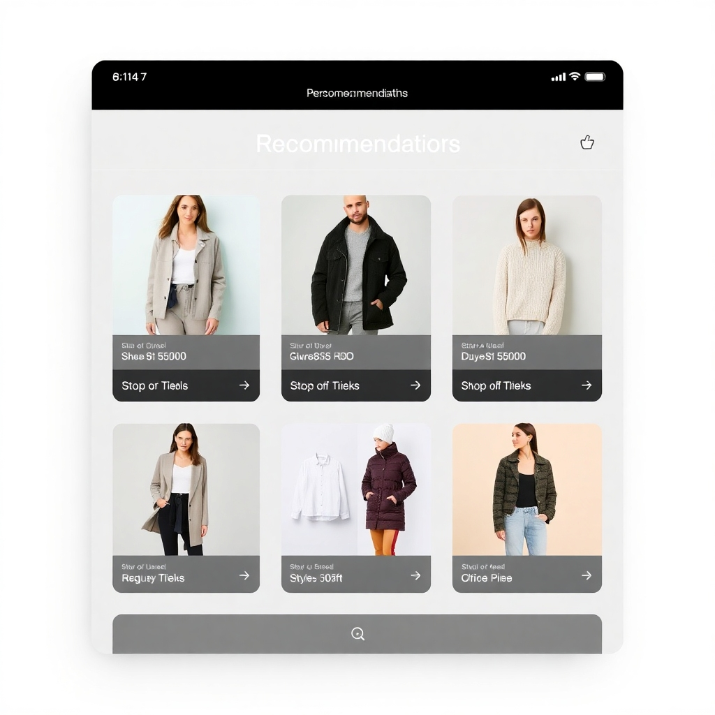 Show a mock-up screen with personalized recommendations, focusing on a variety of styles and items based on the user's preferences.